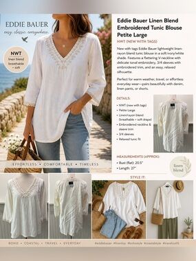 Eddie Bauer Linen Blend Embroidered Tunic Blouse PL Boho 3/4 Sleeve White